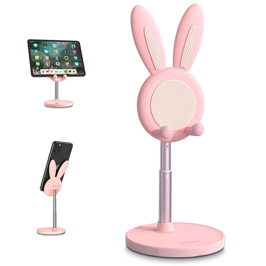 Cell Phone Stand,Angle Height Adjustable Bunny Phone Stand for Desk,Cute Rabbit Phone Holder Stand for Desk, Compatible with All Mobile Phones, Tablets(4-10In) (White)
